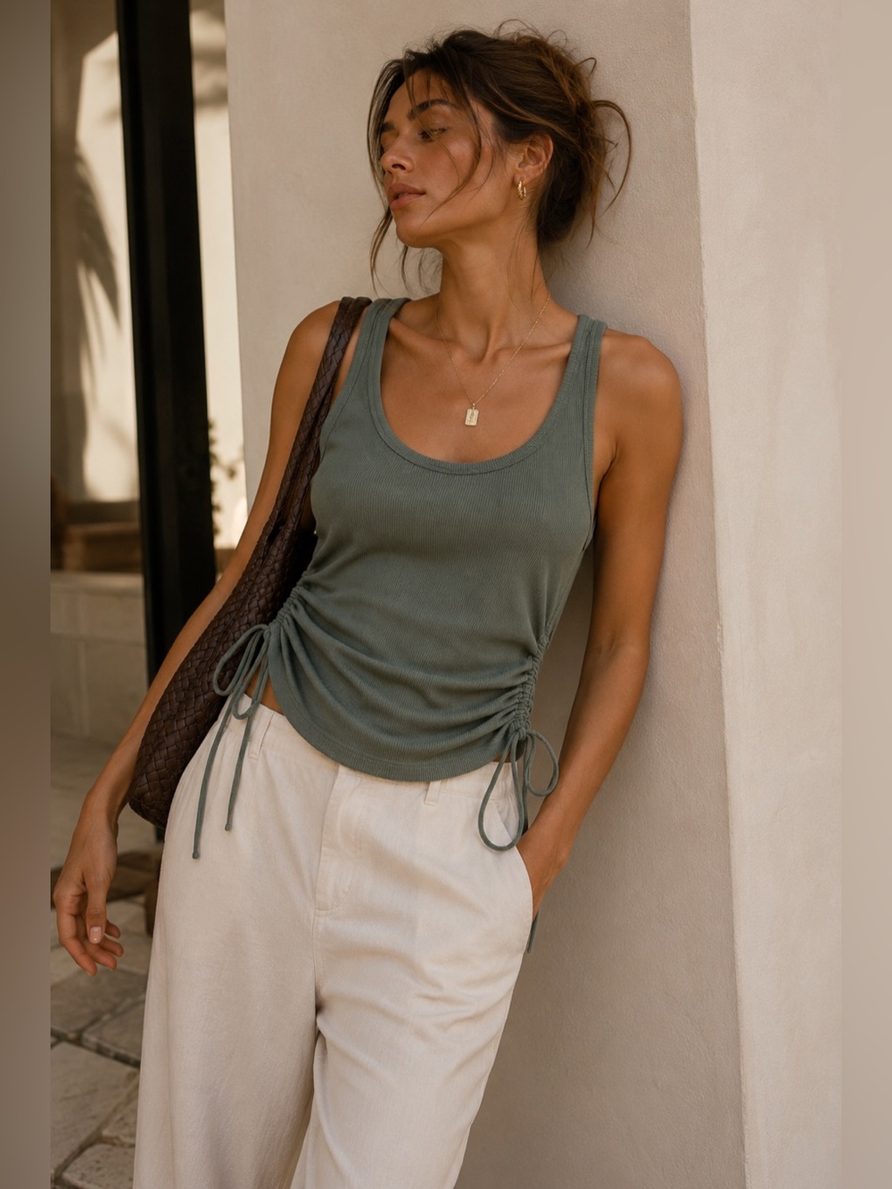Princess Polly Ribbed Ruched Side Tank Top Olive Green Sleeveless Stretch Sz 12
